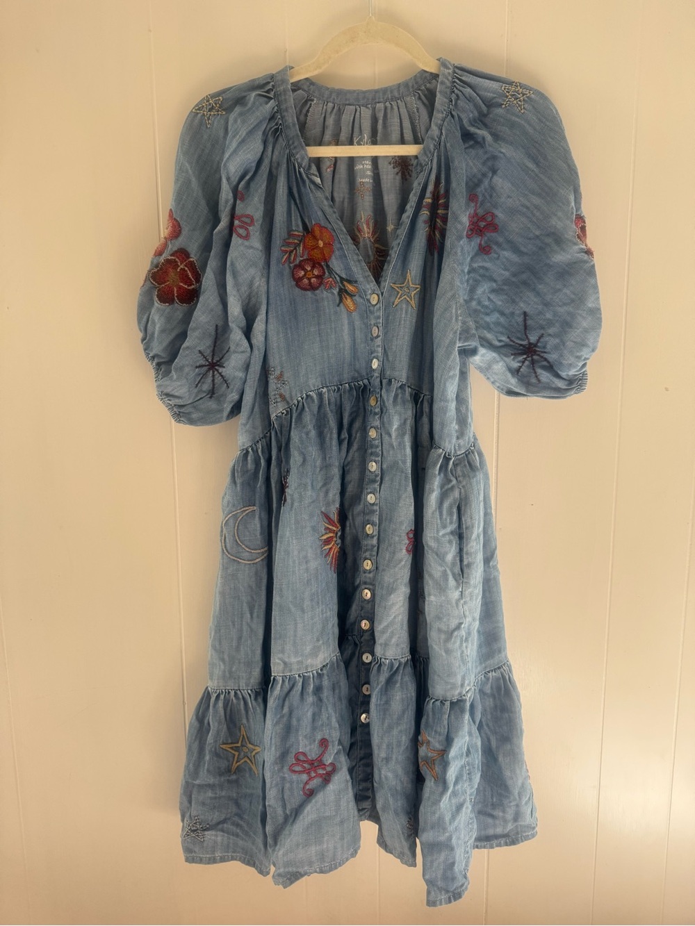 Light Blue Embroidered Button-Front Midi Dress